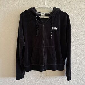 PINK Victoria's Secret Velour Velvet Black Logo Zip-Up Hoodie Sweater Size Small